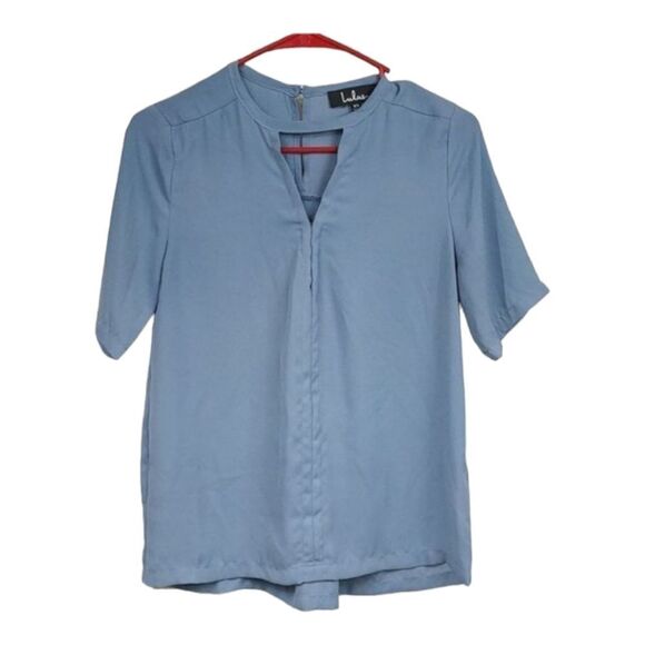 Lulus Slate Blue Split V-Neck Short Sleeve Chiffon Blouse Keyhole Back XS Top - Picture 3 of 8